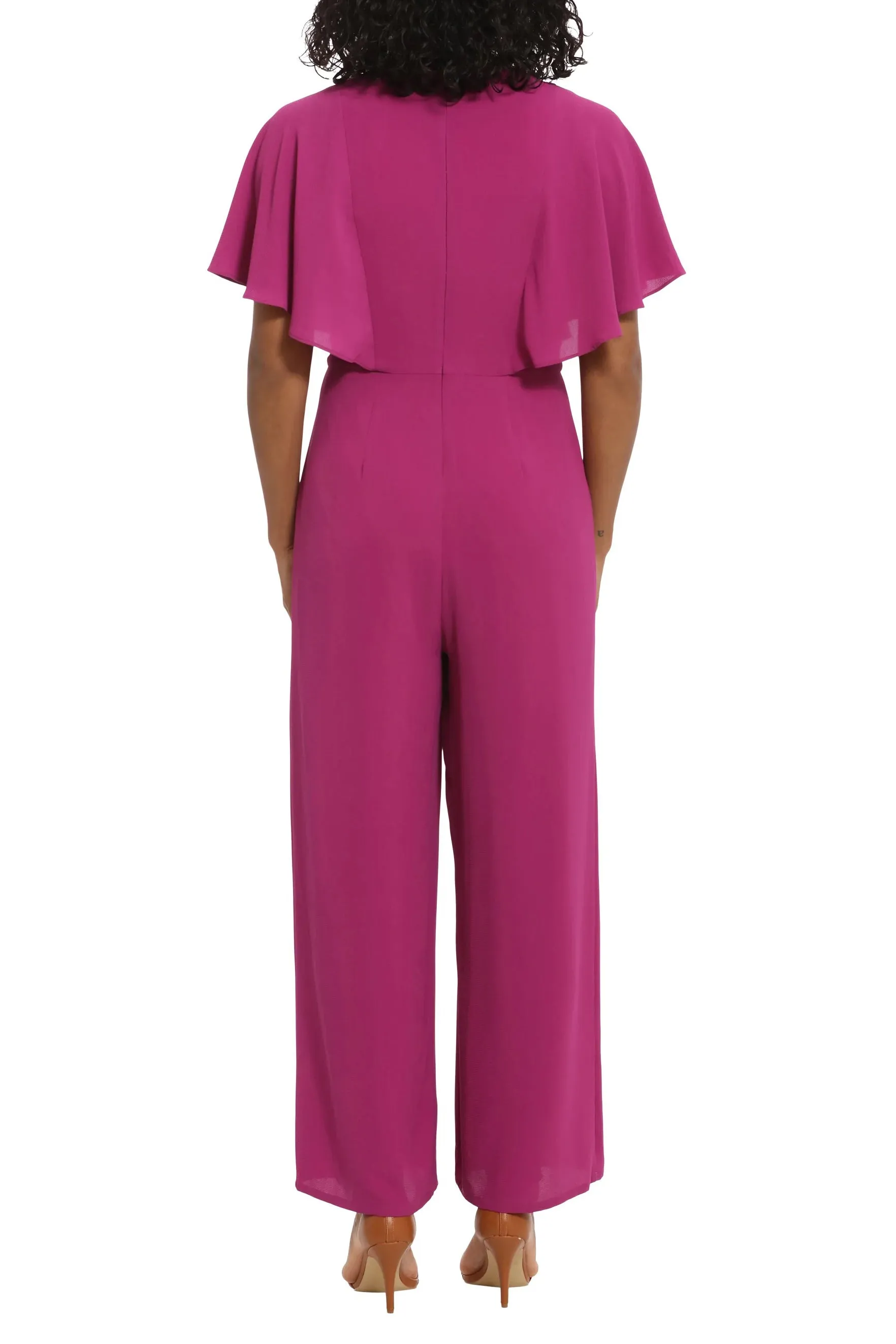 London Times crew neck flutter sleeve wide leg pleated pants bubble crepe jumpsuit