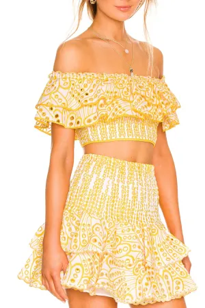 Off Shoulder Yellow Eyelet Crop Top