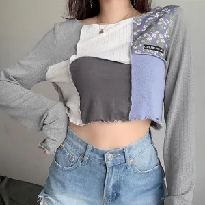 Patchwork Casual Shirt Fashion Style O-Neck Loose Crop Top Long Sleeve