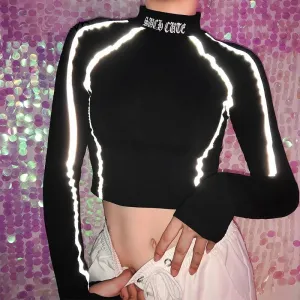 Patchwork Reflective Striped Turtleneck Crop Top Long Sleeve