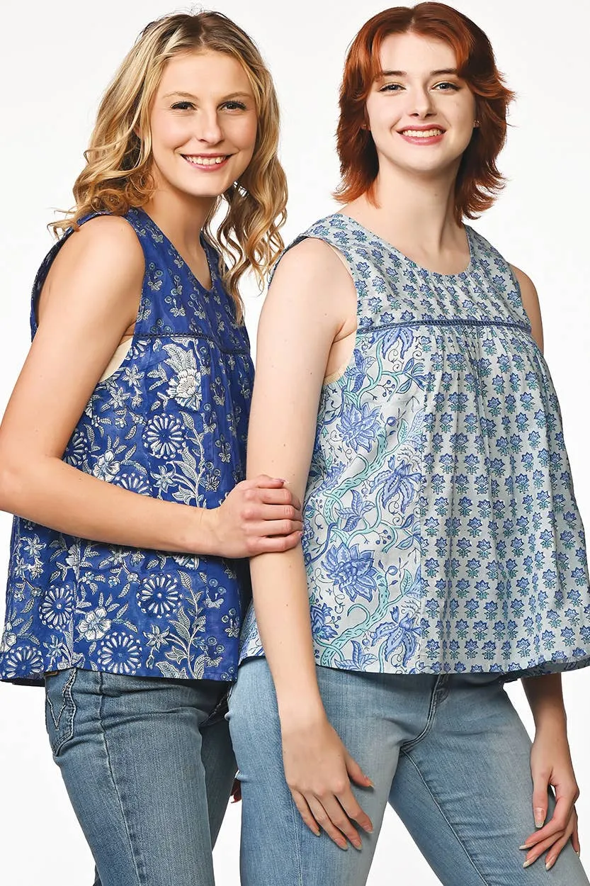 Pavitra Block Print Sleeveless Tops: Indigo / L/XL