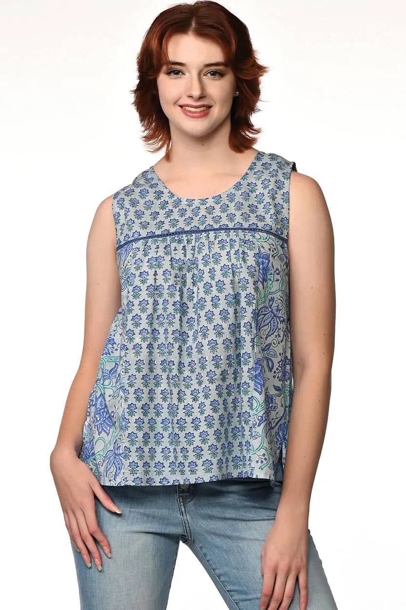 Pavitra Block Print Sleeveless Tops: Indigo / L/XL