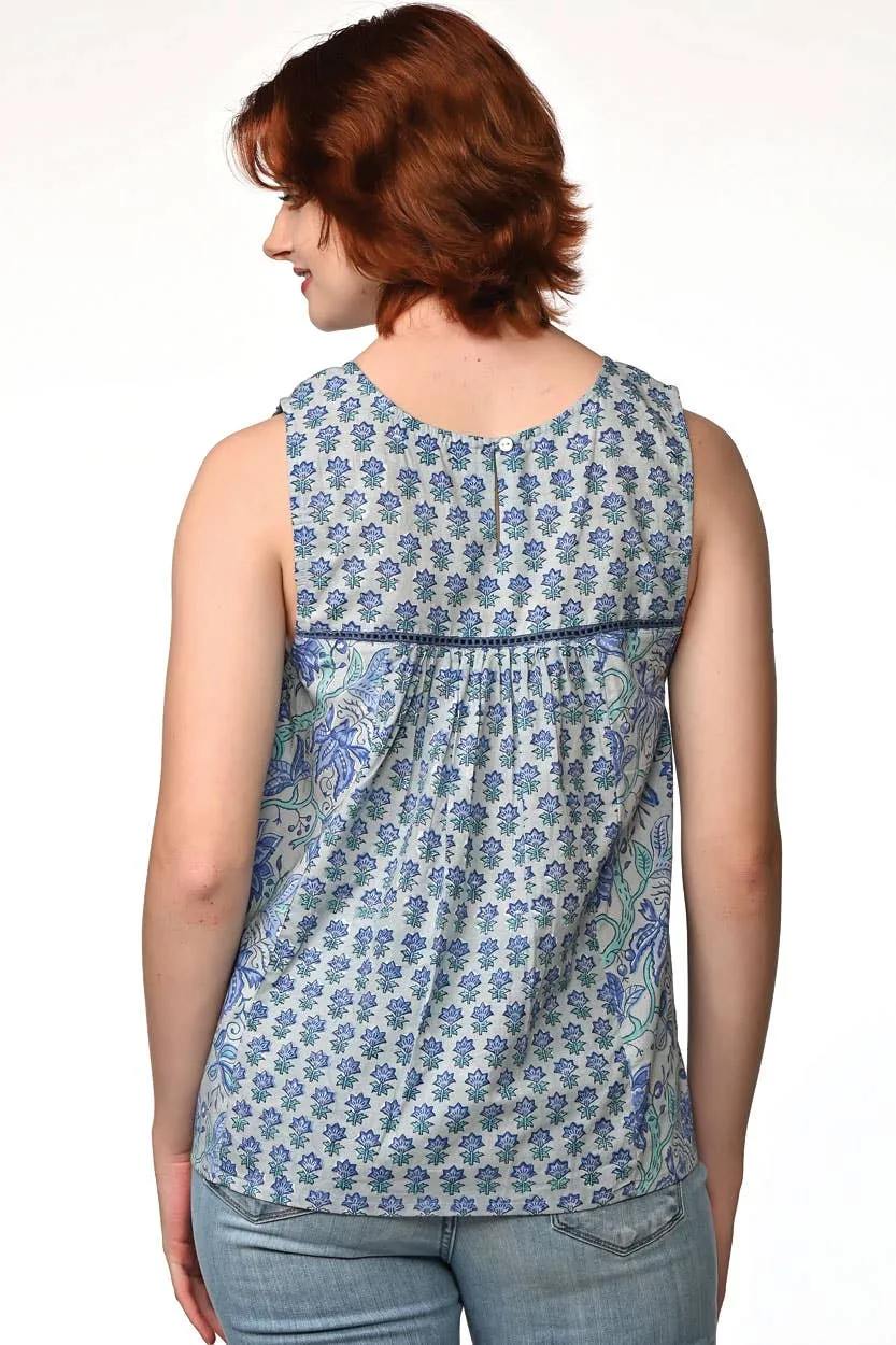 Pavitra Block Print Sleeveless Tops: Sky Blue / L/XL