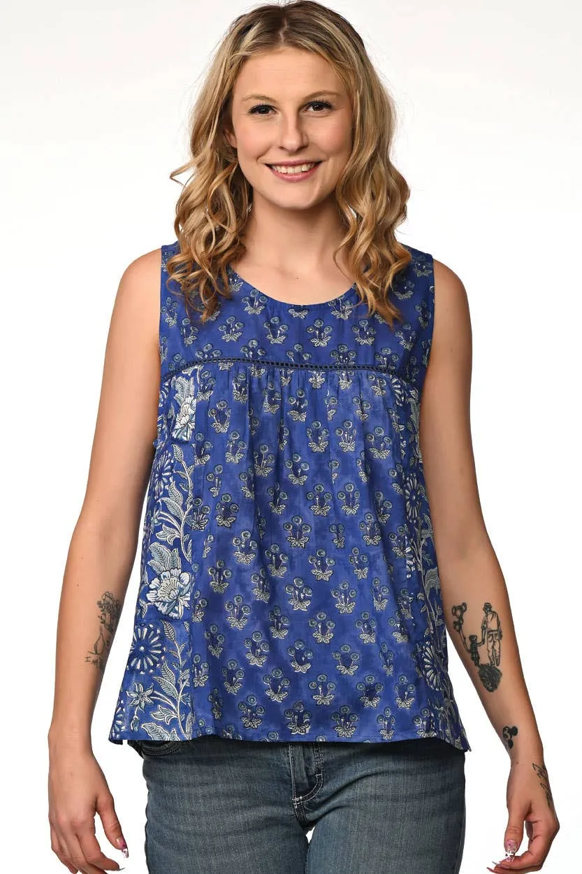 Pavitra Block Print Sleeveless Tops: Sky Blue / L/XL