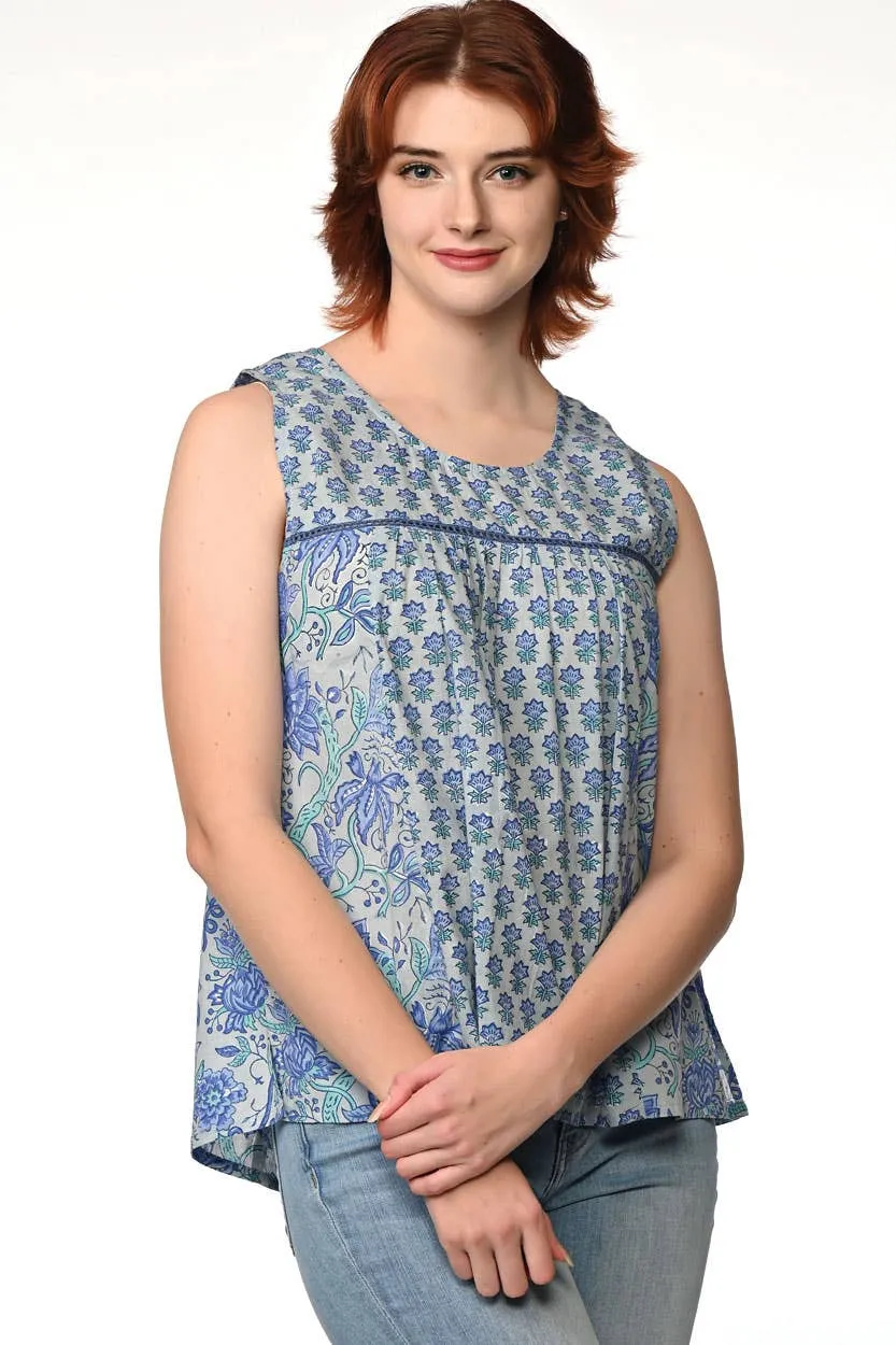 Pavitra Block Print Sleeveless Tops: Sky Blue / L/XL