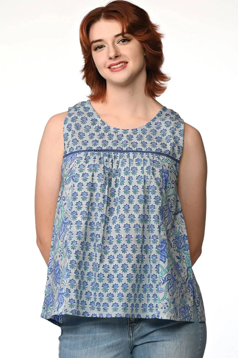 Pavitra Block Print Sleeveless Tops: Sky Blue / L/XL