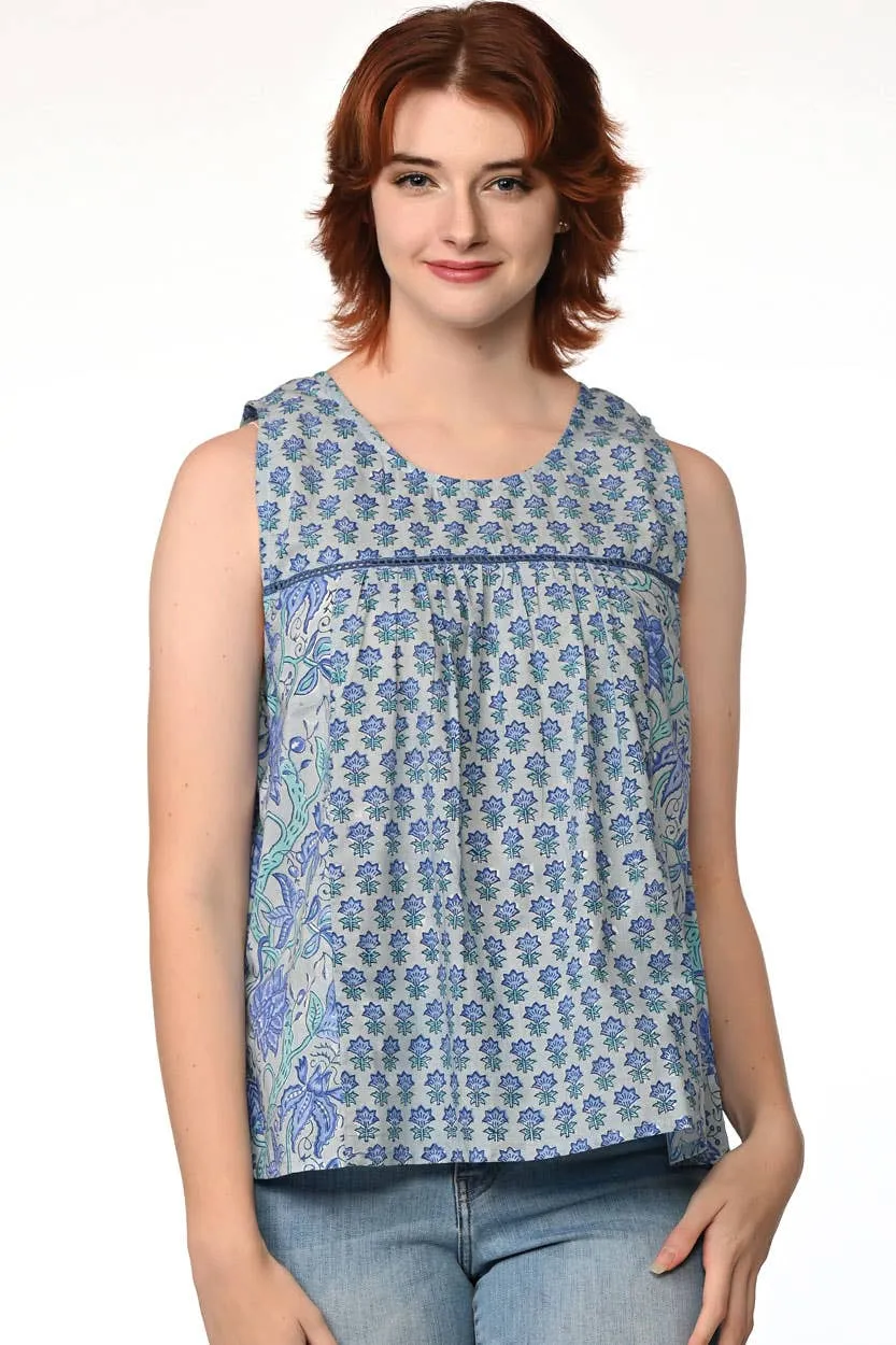 Pavitra Block Print Sleeveless Tops: Sky Blue / L/XL