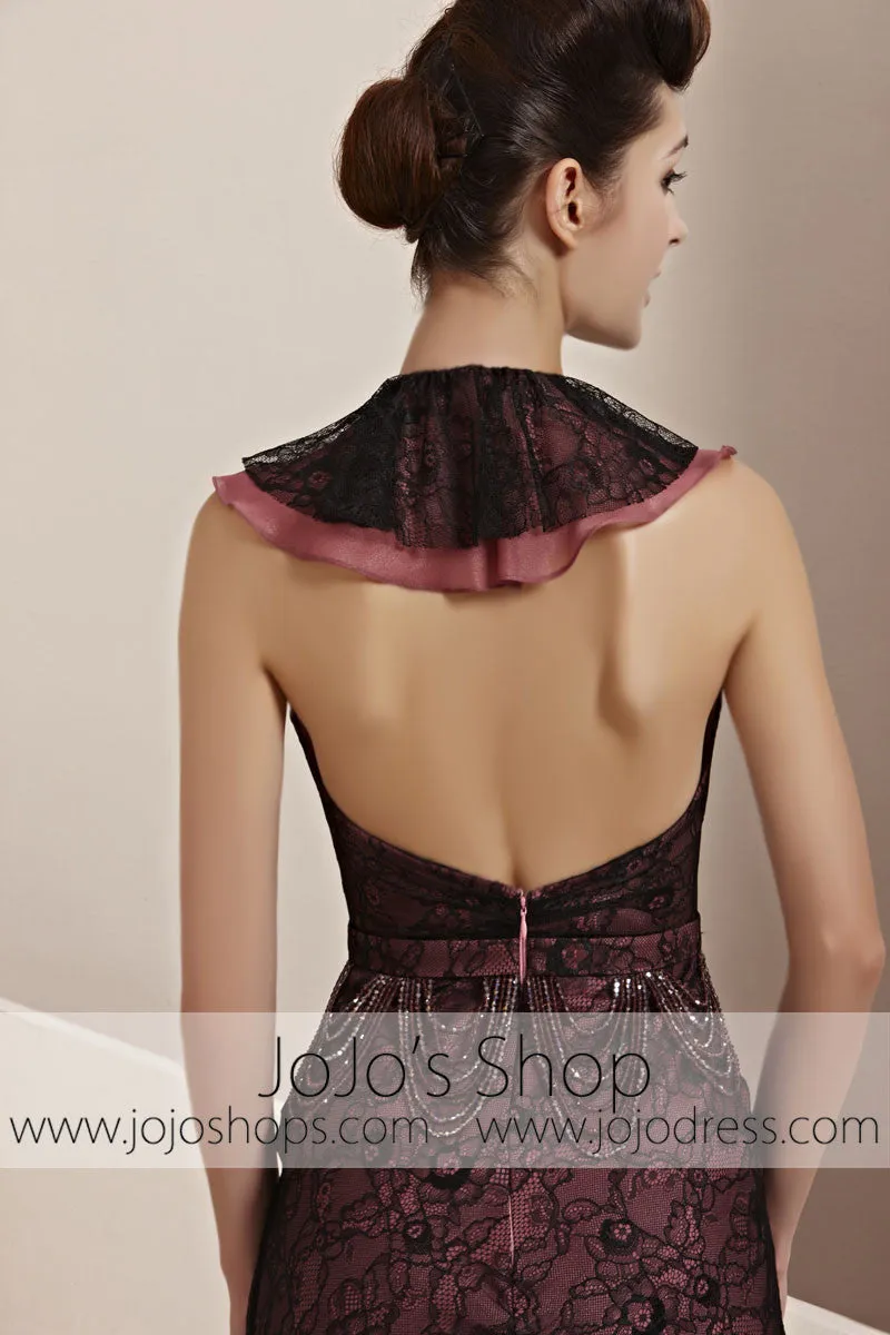 Pink Black Lace Halter Ruffle Runway Sleek Evening Cocktail Dress CX830116