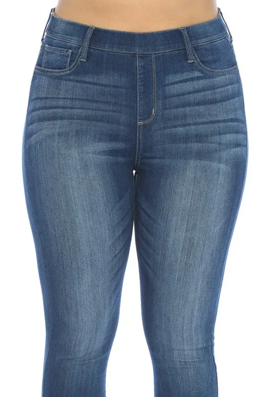 Plus Size Mid Rise Dark Wash Pull on Cello Skinny Jeans/Jeggings