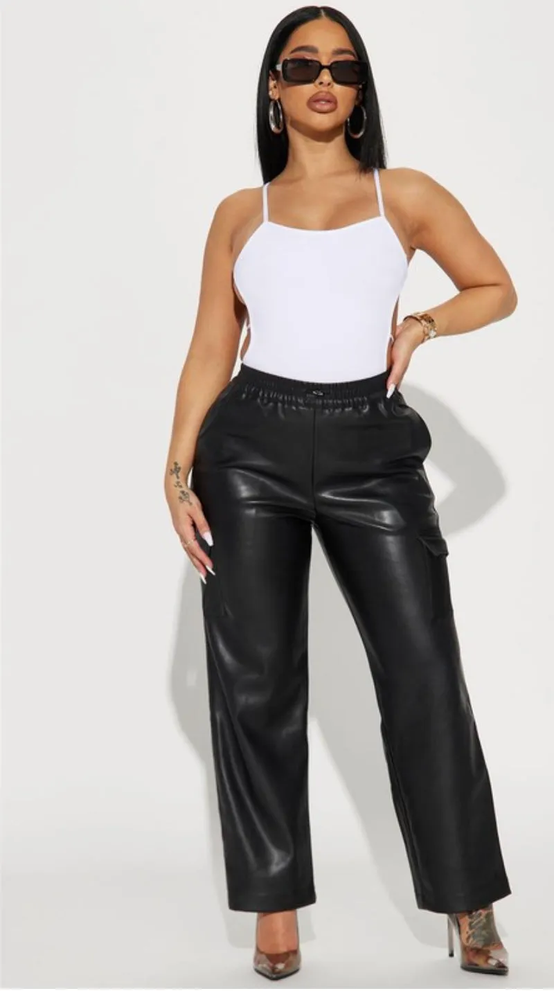 "HIGH END" FAUX LEATHER CARGO PANTS