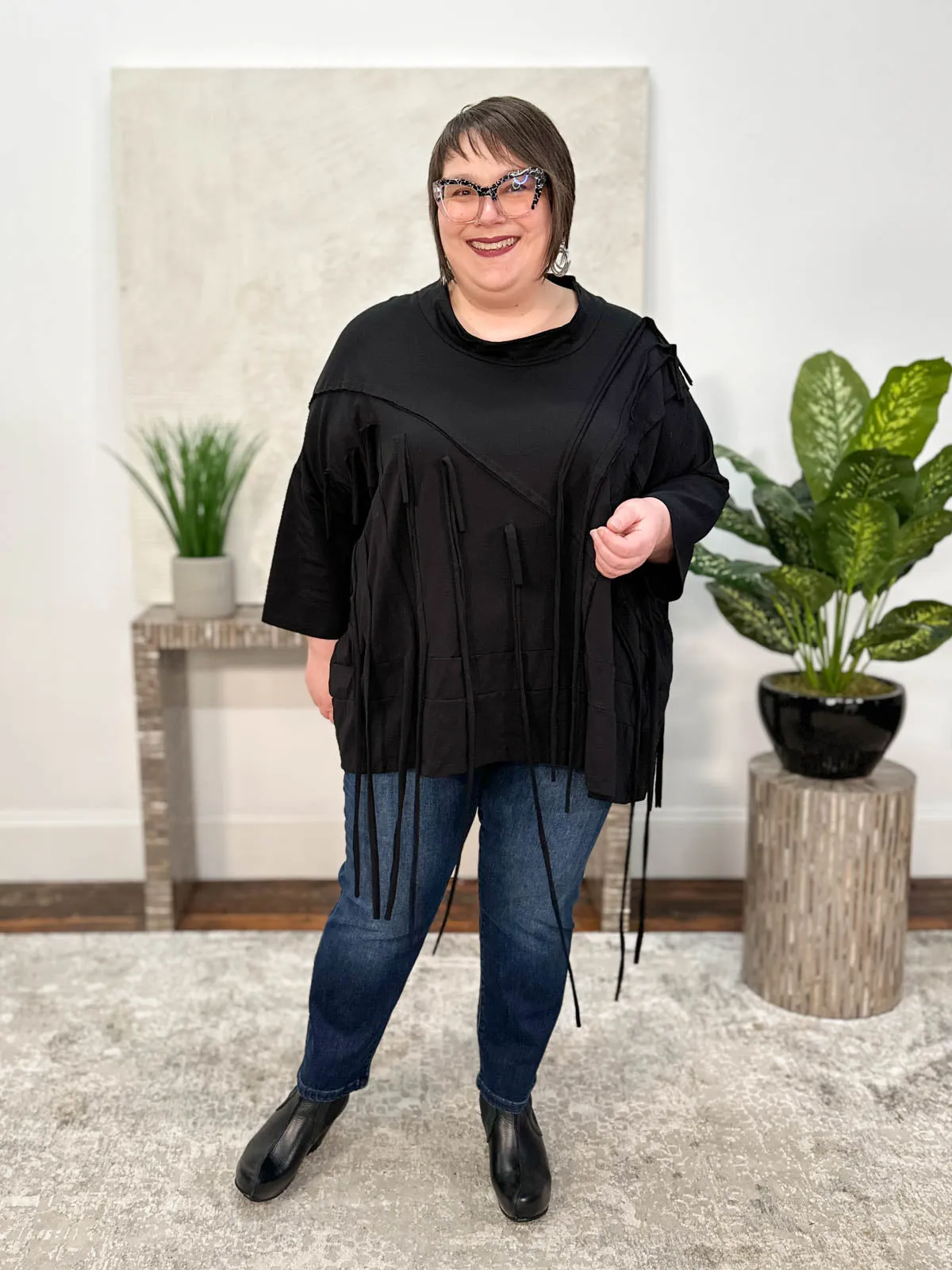 Seam & Fringe Asymmetric Oversized Top, Black