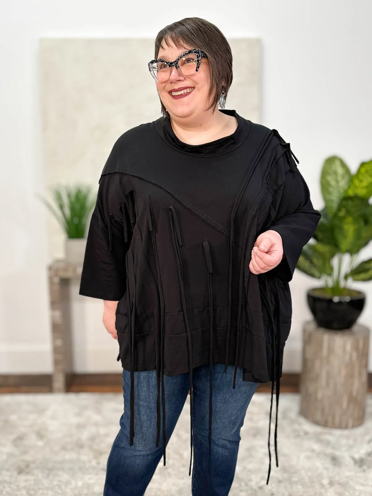 Seam & Fringe Asymmetric Oversized Top, Black