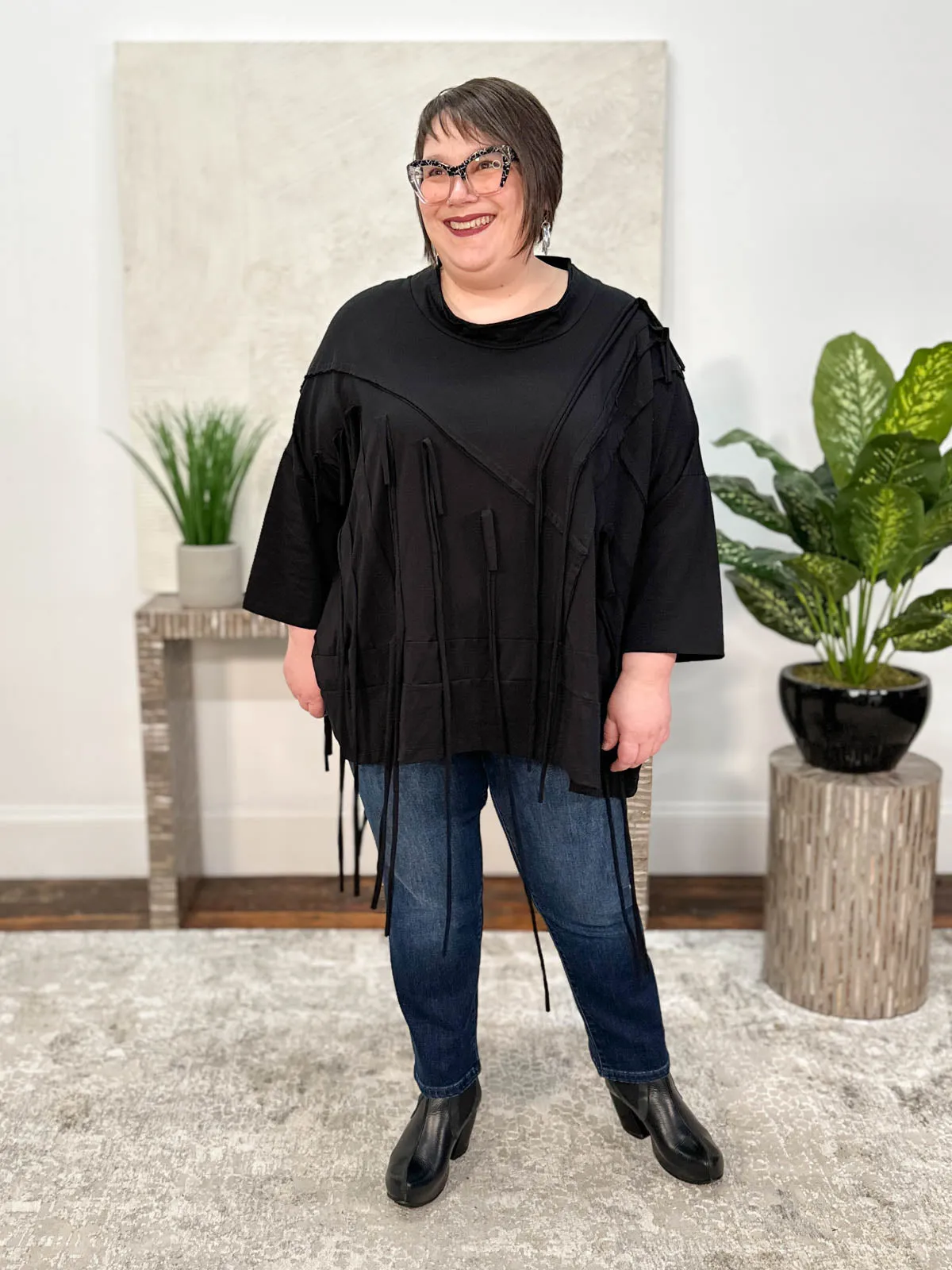 Seam & Fringe Asymmetric Oversized Top, Black