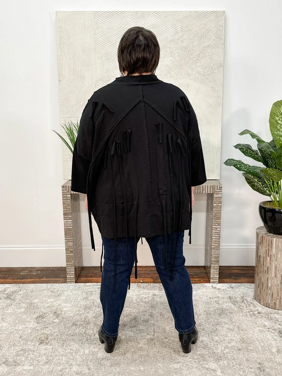 Seam & Fringe Asymmetric Oversized Top, Black