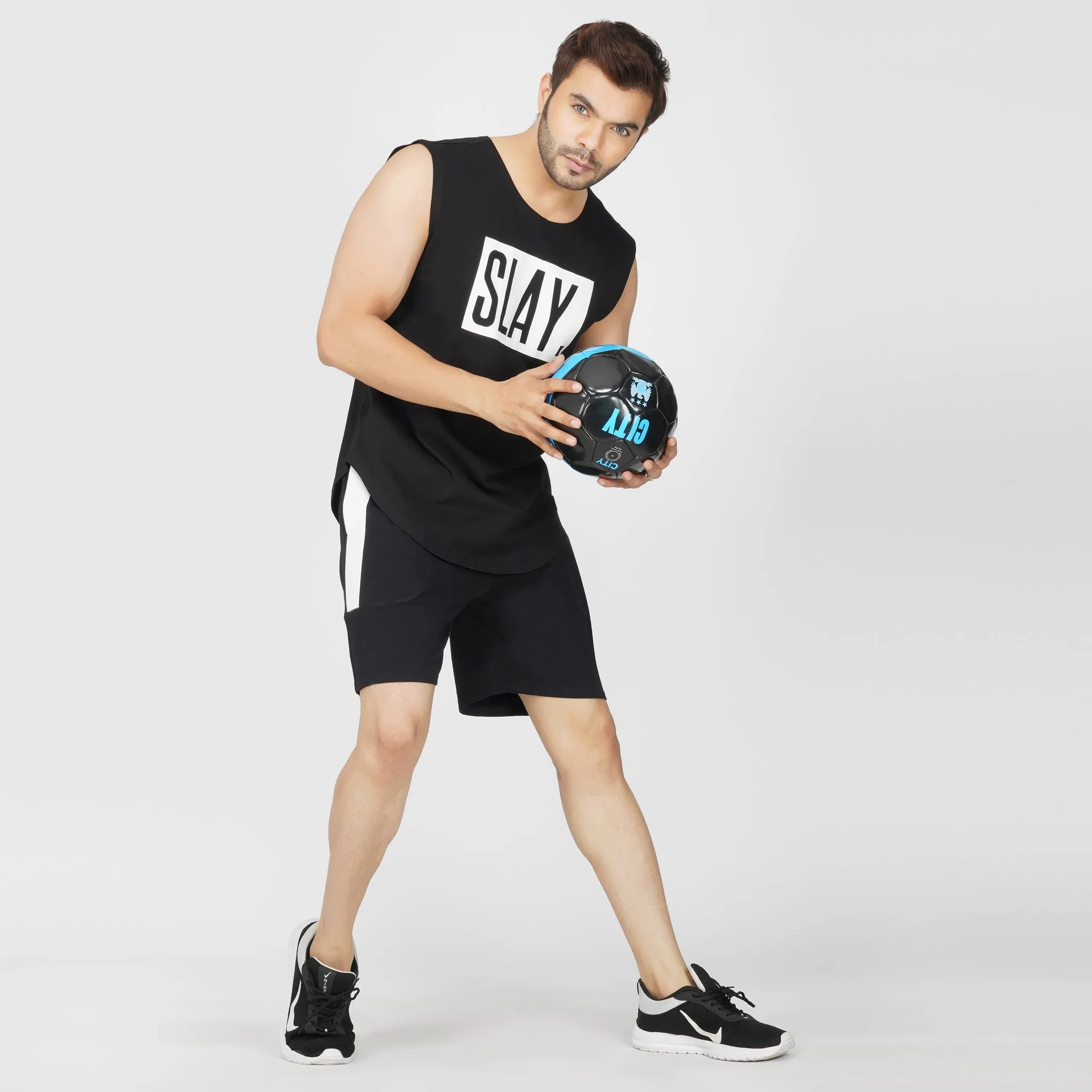 SLAY. Men's Activewear Black Sports Shorts with White Stripes