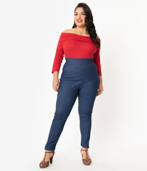 Unique Vintage Plus Size Blue Denim High Waist Rizzo Cigarette Pants