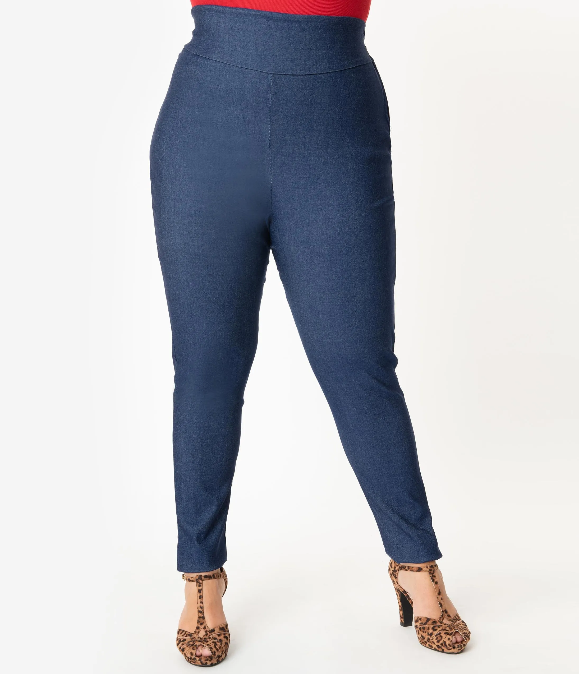 Unique Vintage Plus Size Blue Denim High Waist Rizzo Cigarette Pants