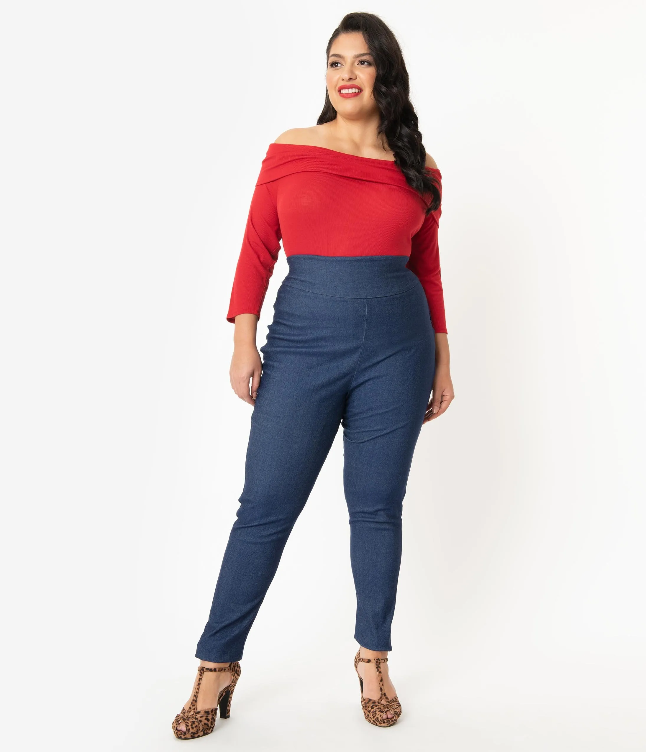 Unique Vintage Plus Size Blue Denim High Waist Rizzo Cigarette Pants