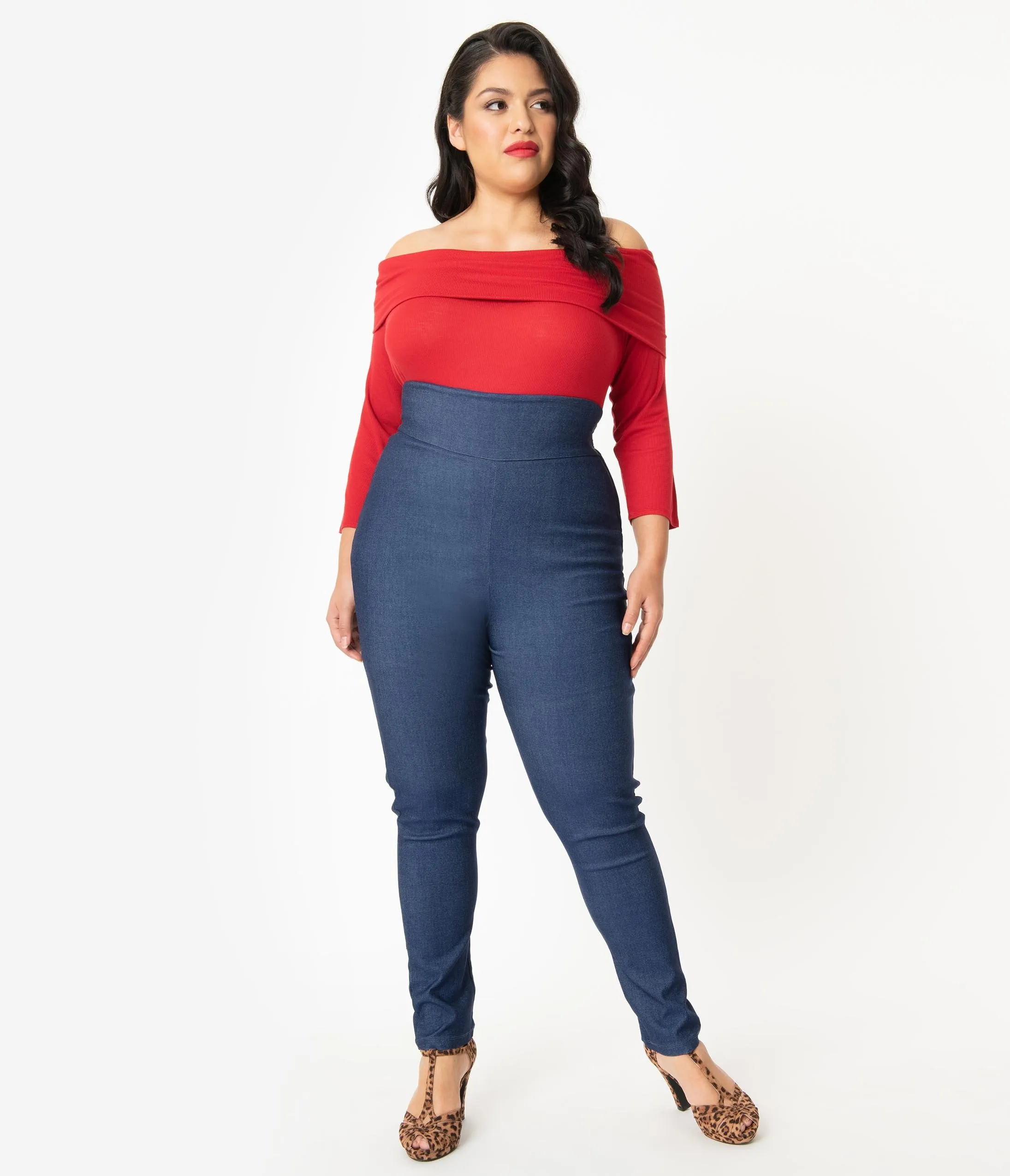 Unique Vintage Plus Size Blue Denim High Waist Rizzo Cigarette Pants