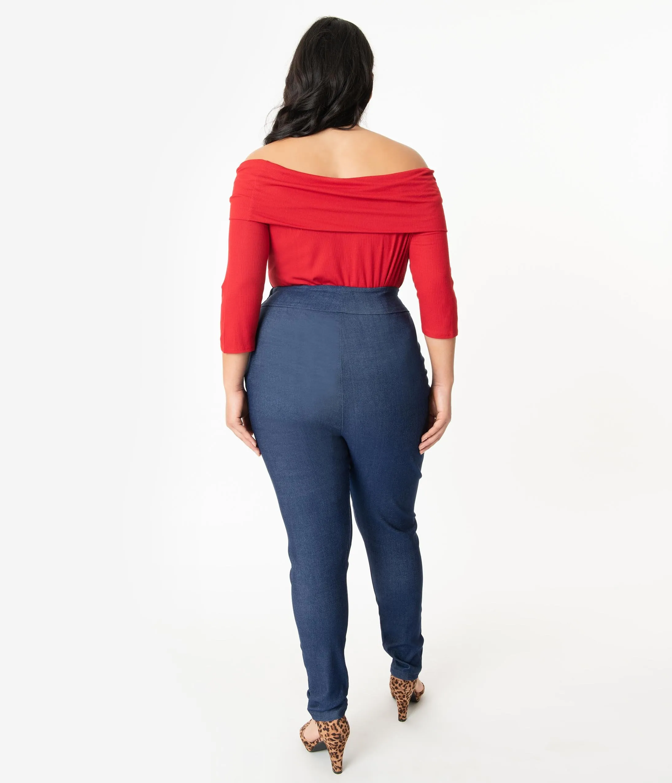 Unique Vintage Plus Size Blue Denim High Waist Rizzo Cigarette Pants