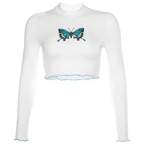 White Basic Autumn Cute Butterfly Cartoon Graphic Knitted Turtleneck Long Sleeve