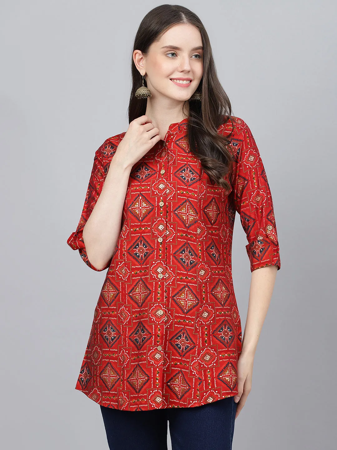 Women Red Bandhani Printed Modal A-Line Shirts Style Top