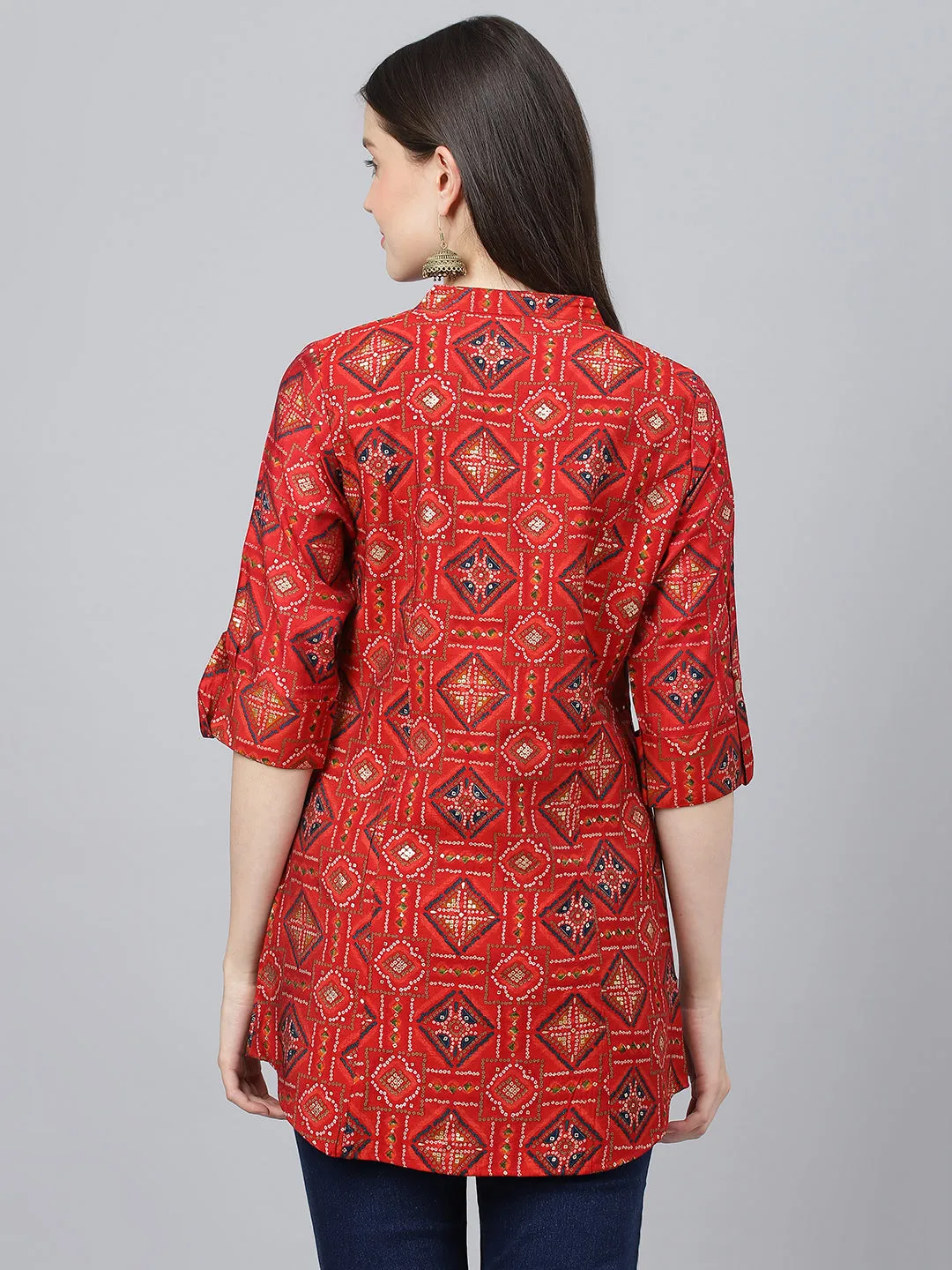 Women Red Bandhani Printed Modal A-Line Shirts Style Top