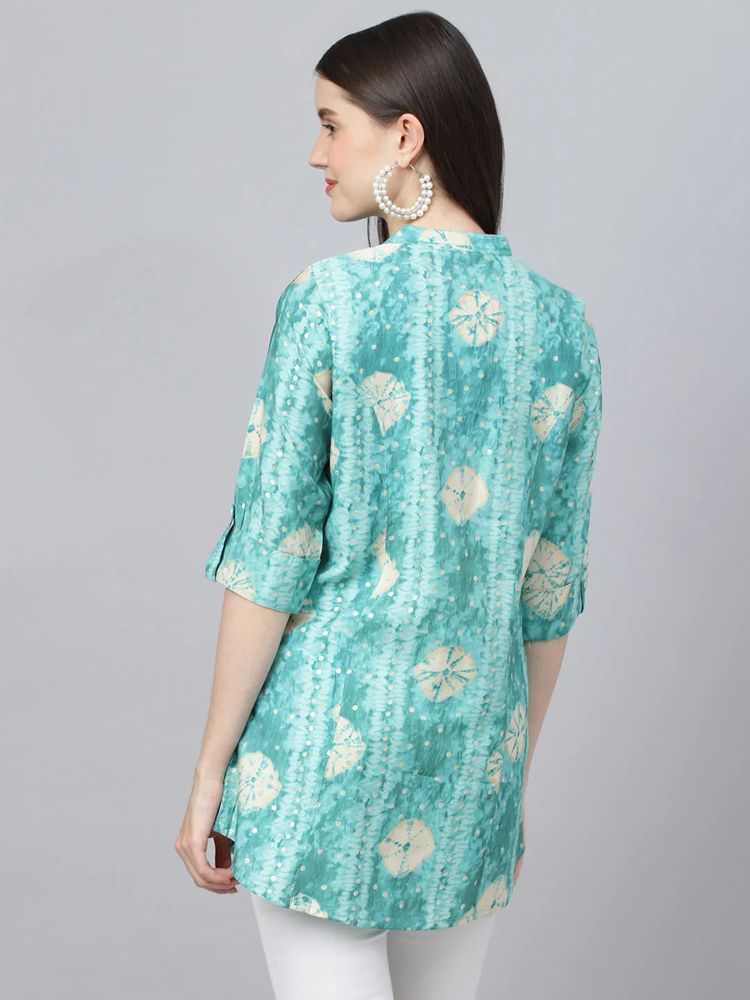 Women Sea Green Abstract Printed Modal A-Line Shirts Style Top