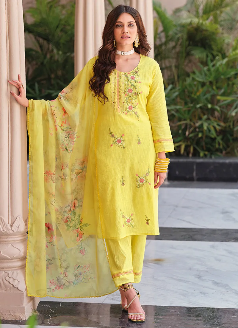 Yellow  Multi Floral Embroidery Cotton Salwar Kameez